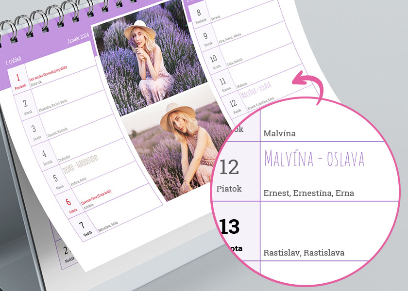 Detail kalendária s dňami, slovenskými meninami a vlastným textom doplneným k dátumu