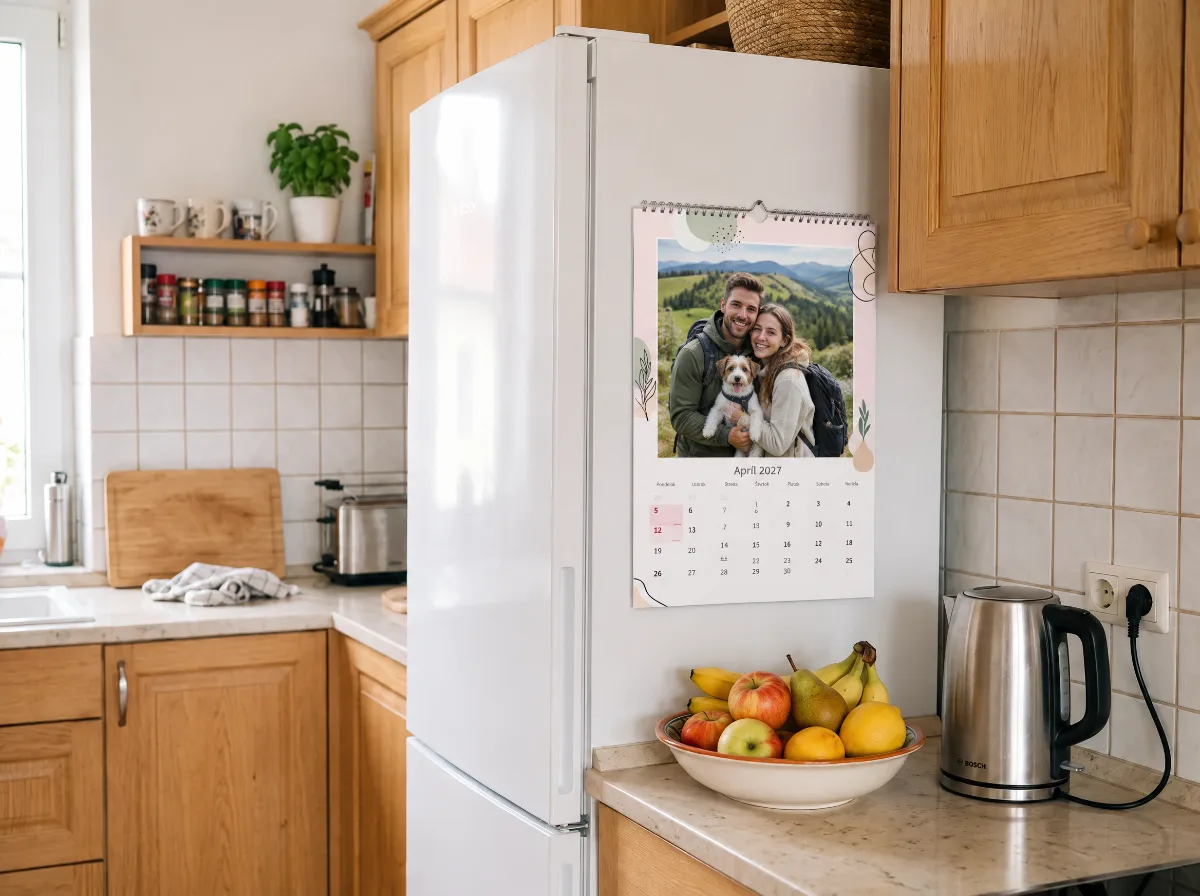 Nástenný fotokalendár A4 pripevnený na dverách chladničky v kuchyni